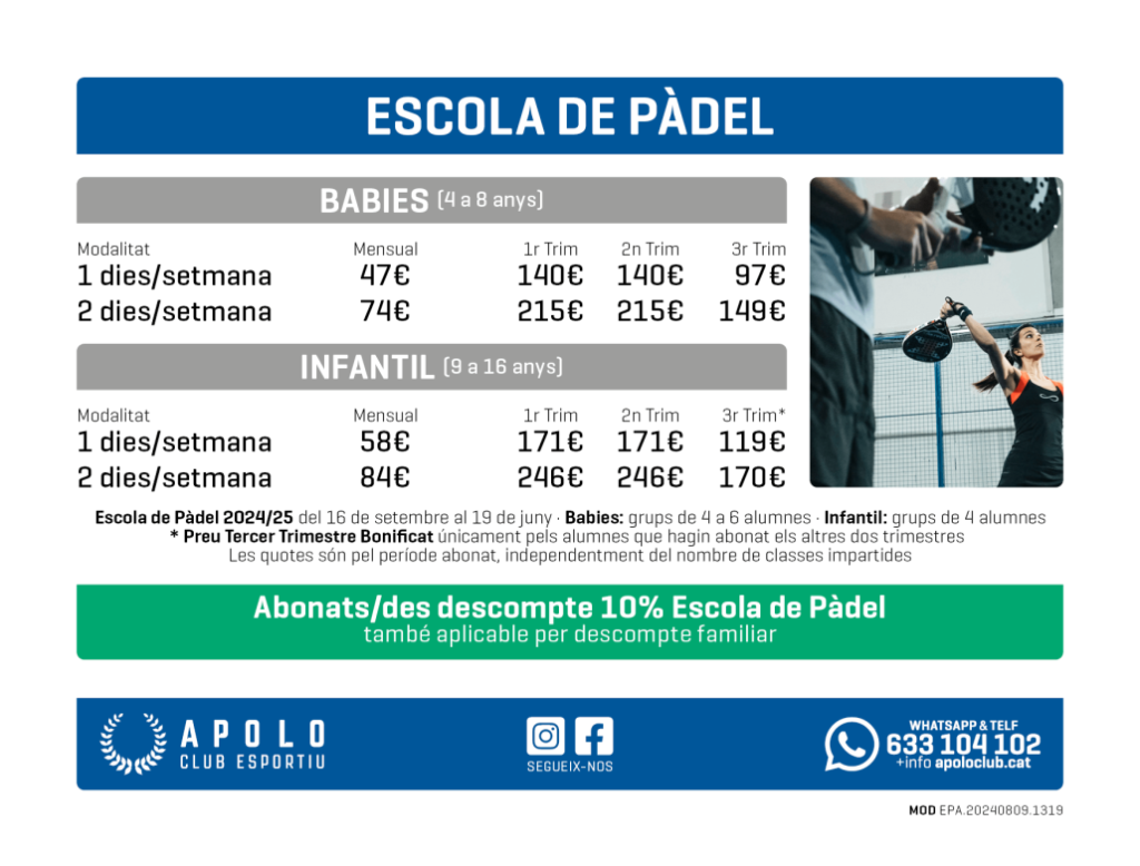 Parte posterior de un flyer de Apolo Club Esportiu que detalla más opciones para clases particulares y los precios para la escuela de pádel. Se usan colores como naranja y azul.